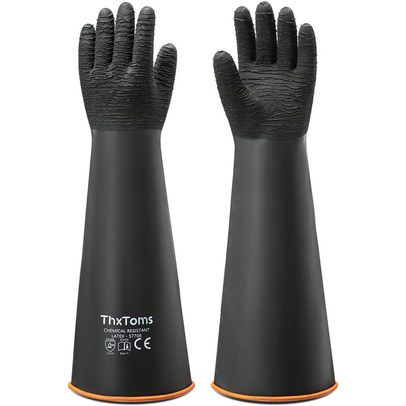 ThxToms Heavy Duty Rubber Gloves, Industrial Chemical Resistant Gloves Waterproof Reusable Protective Work Gloves for Cleaning, Dishwashing,Upgraded with Non-Slip Design, Black, 22" 1 Pair - Image 1